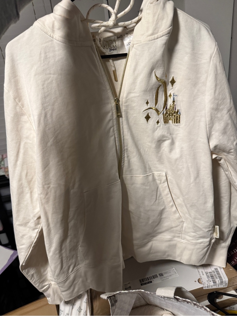 Disney Embroidered Cream Zip-Up Hoodie Sweatshirt